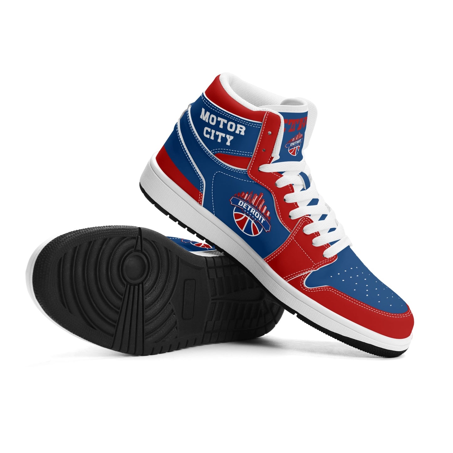 Detroit basketball-inspired high top sneakers in blue with all-over city graphic printed upper