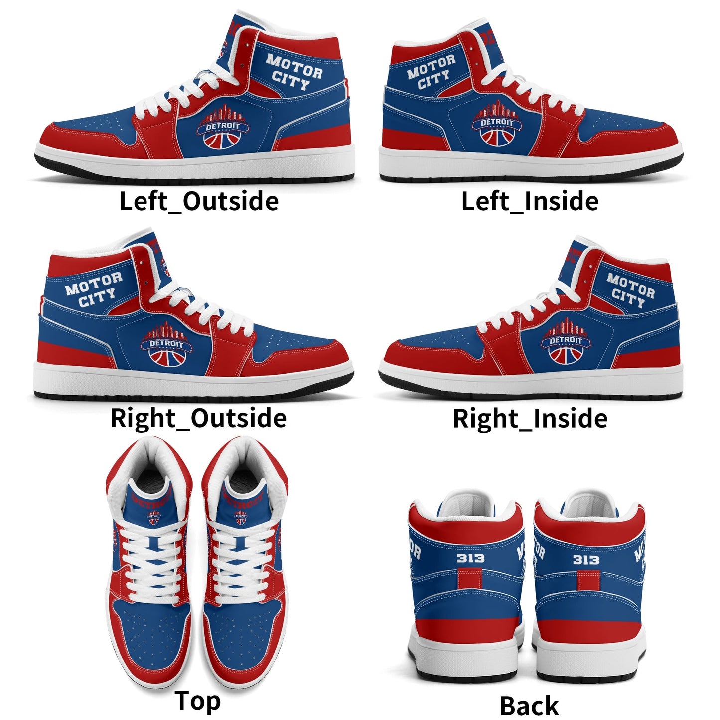 Detroit basketball-inspired high top sneakers in blue with all-over city graphic printed upper