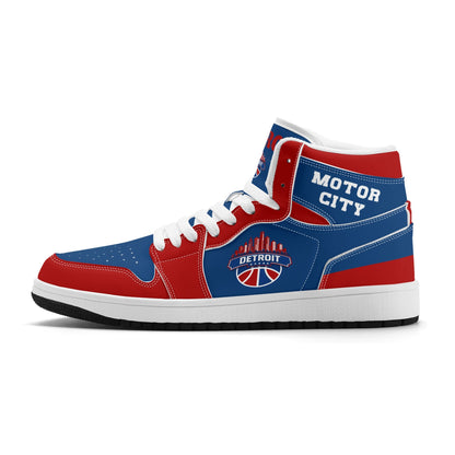 Detroit basketball-inspired high top sneakers in blue with all-over city graphic printed upper
