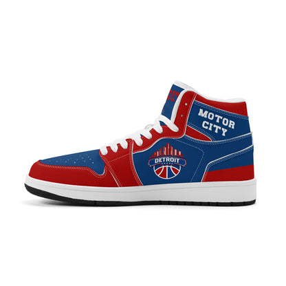 Detroit basketball-inspired high top sneakers in blue with all-over city graphic printed upper