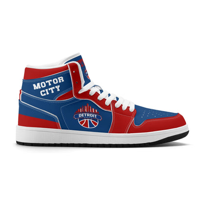 Detroit basketball-inspired high top sneakers in blue with all-over city graphic printed upper