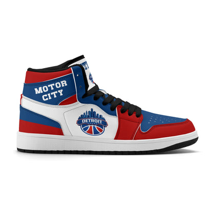 Detroit basketball-inspired high top sneakers in white with all-over city graphic printed upper