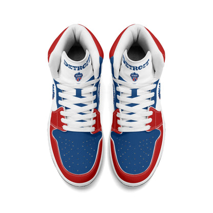 Detroit basketball-inspired high top sneakers in white with all-over city graphic printed upper