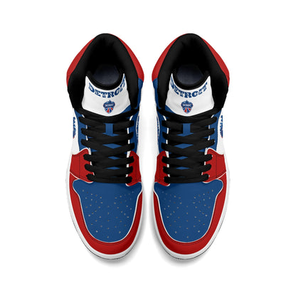 Detroit basketball-inspired high top sneakers in white with all-over city graphic printed upper