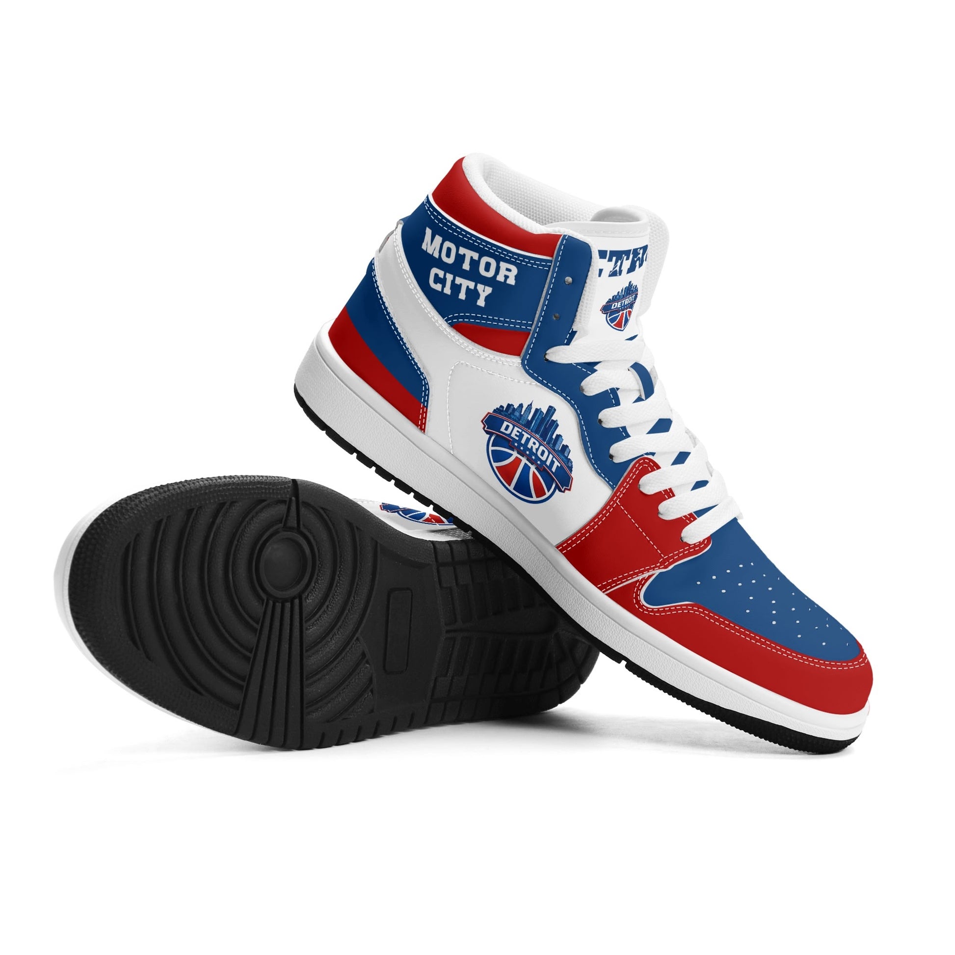 Detroit basketball-inspired high top sneakers in white with all-over city graphic printed upper