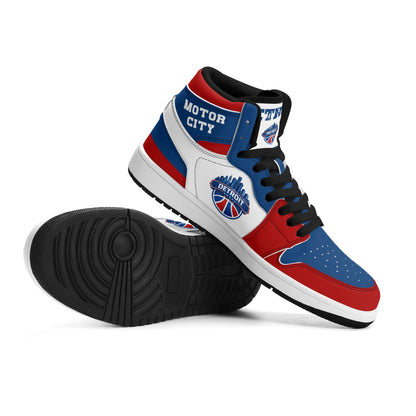 Detroit basketball-inspired high top sneakers in white with all-over city graphic printed upper