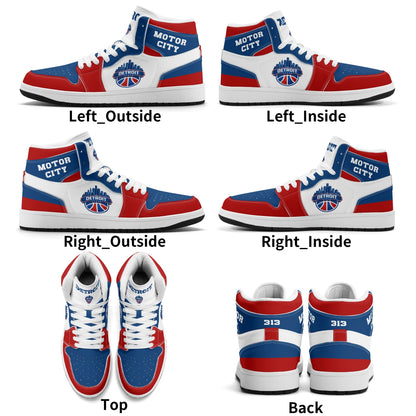 Detroit basketball-inspired high top sneakers in white with all-over city graphic printed upper