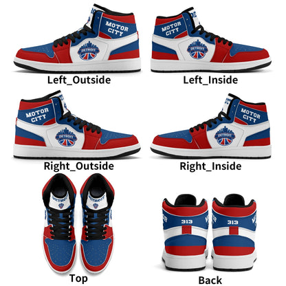 Detroit basketball-inspired high top sneakers in white with all-over city graphic printed upper