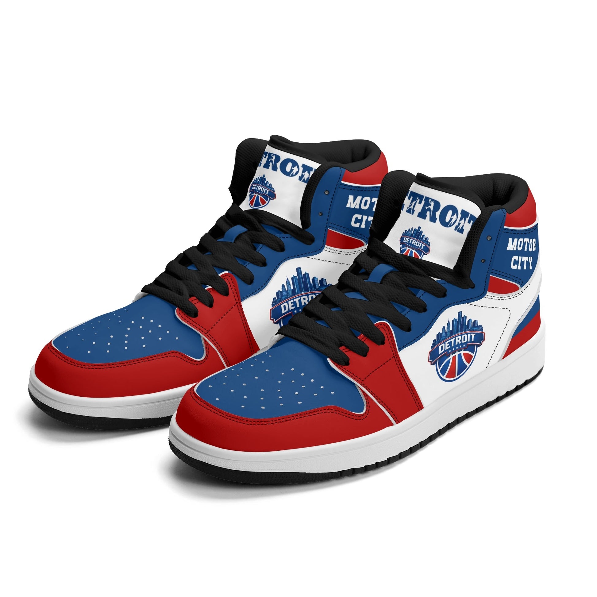Detroit basketball-inspired high top sneakers in white with all-over city graphic printed upper