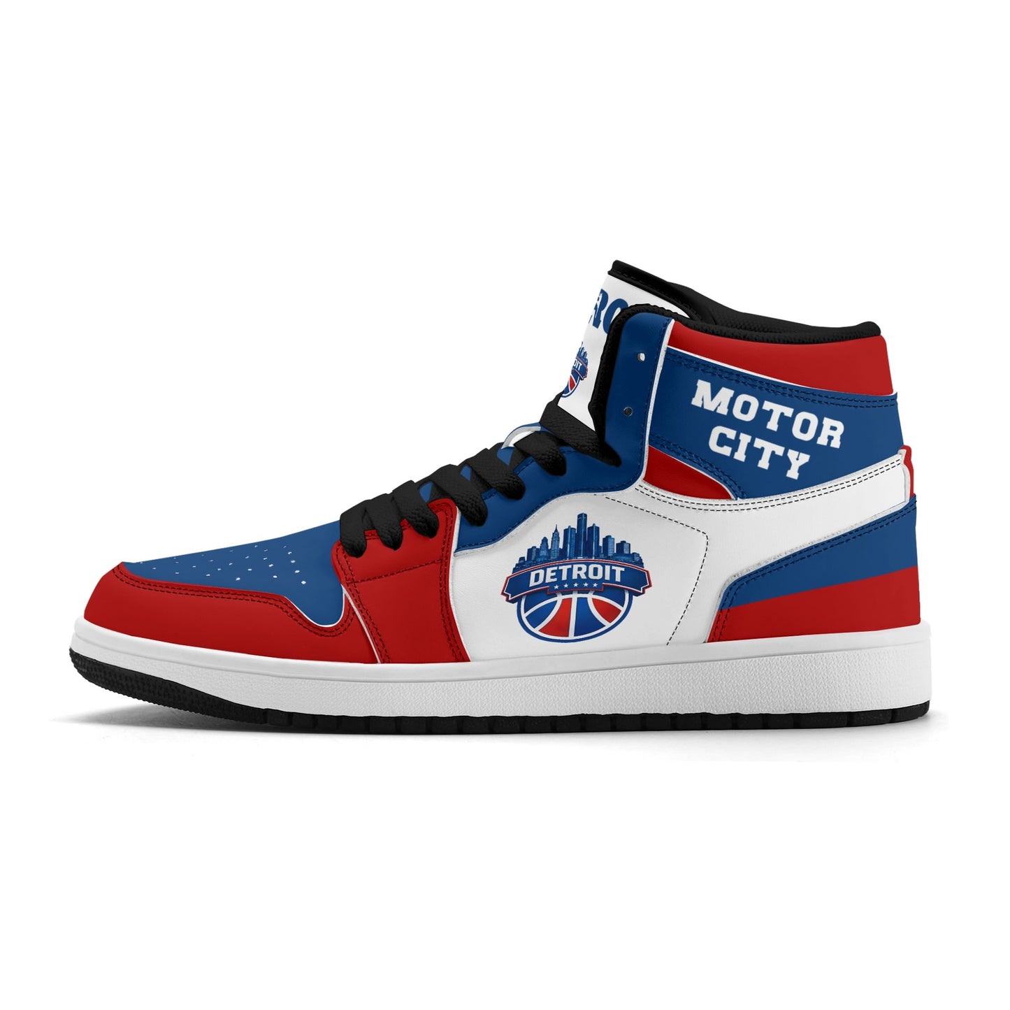 Detroit basketball-inspired high top sneakers in white with all-over city graphic printed upper