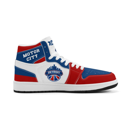 Detroit basketball-inspired high top sneakers in white with all-over city graphic printed upper
