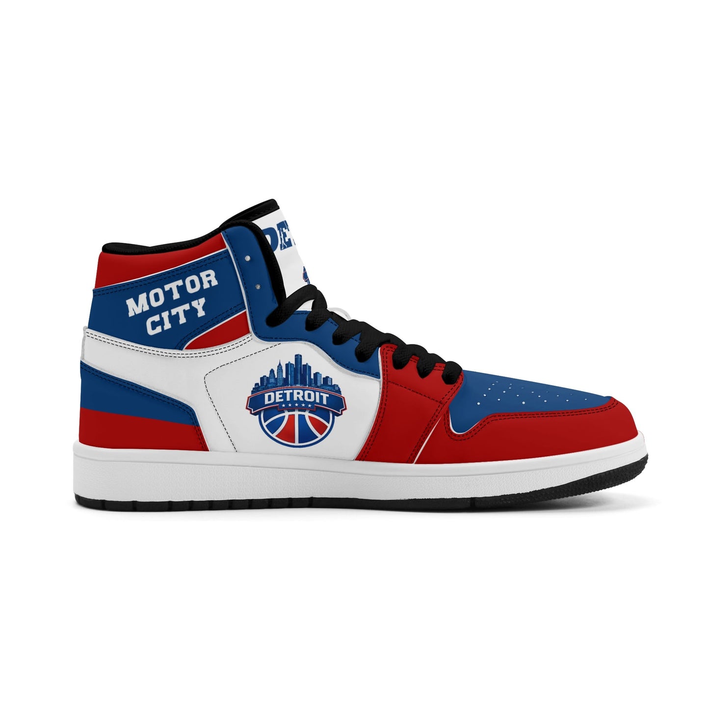 Detroit basketball-inspired high top sneakers in white with all-over city graphic printed upper