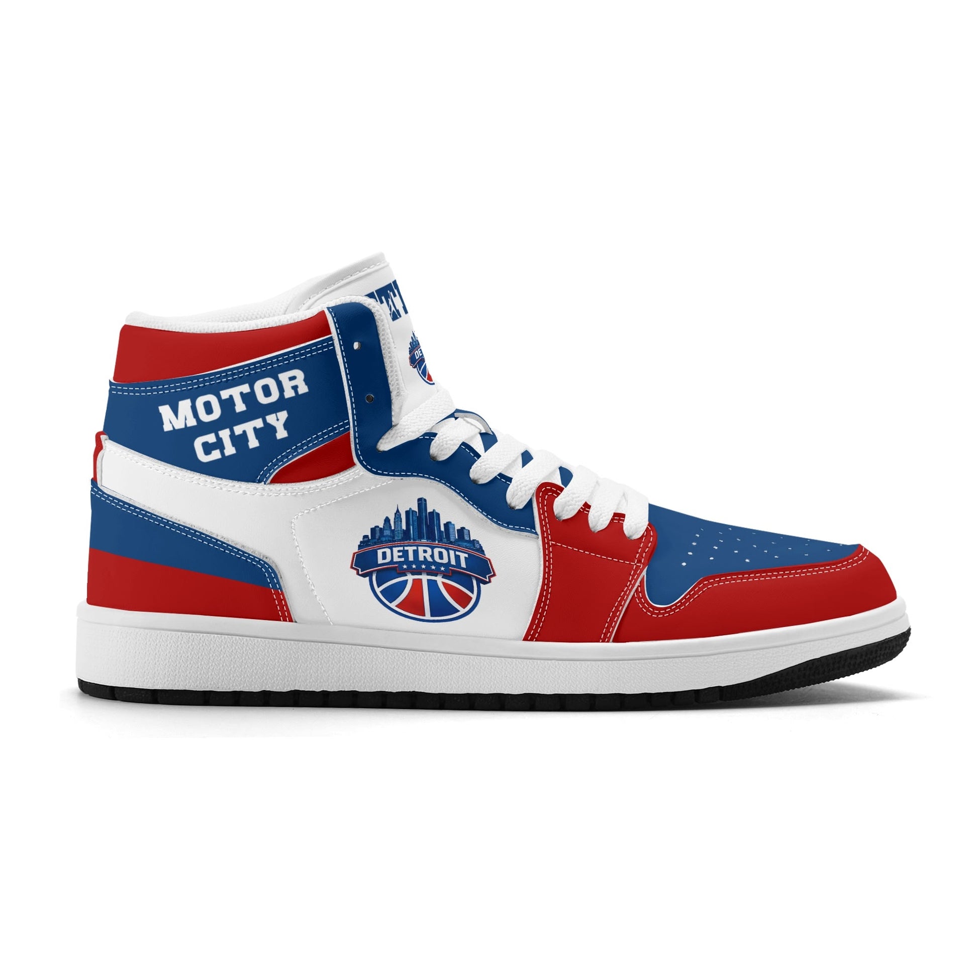 Detroit basketball-inspired high top sneakers in white with all-over city graphic printed upper