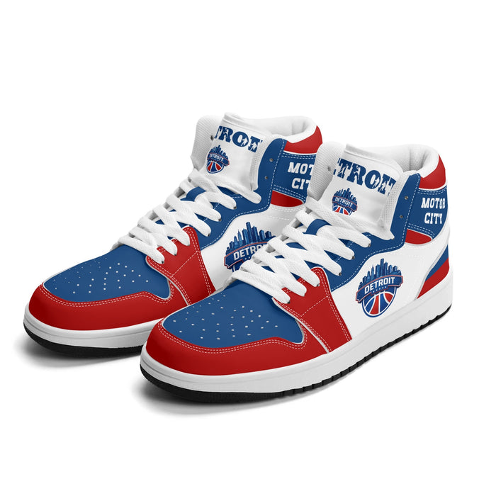 Detroit basketball Jamrock High top sneakers in white, red and blue with MOTOR CITY collar and DETROIT skyline badge