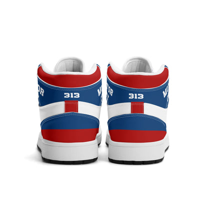 Detroit basketball-inspired high top sneakers in white with all-over city graphic printed upper