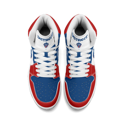 Detroit basketball-inspired high top sneakers in white with all-over city graphic printed upper