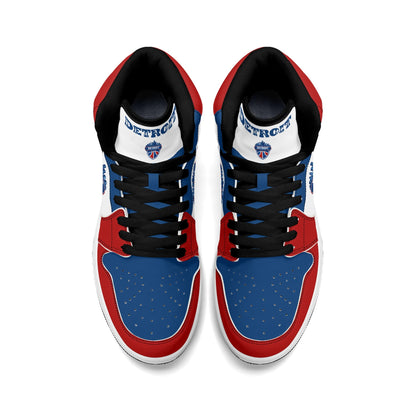 Detroit basketball-inspired high top sneakers in white with all-over city graphic printed upper