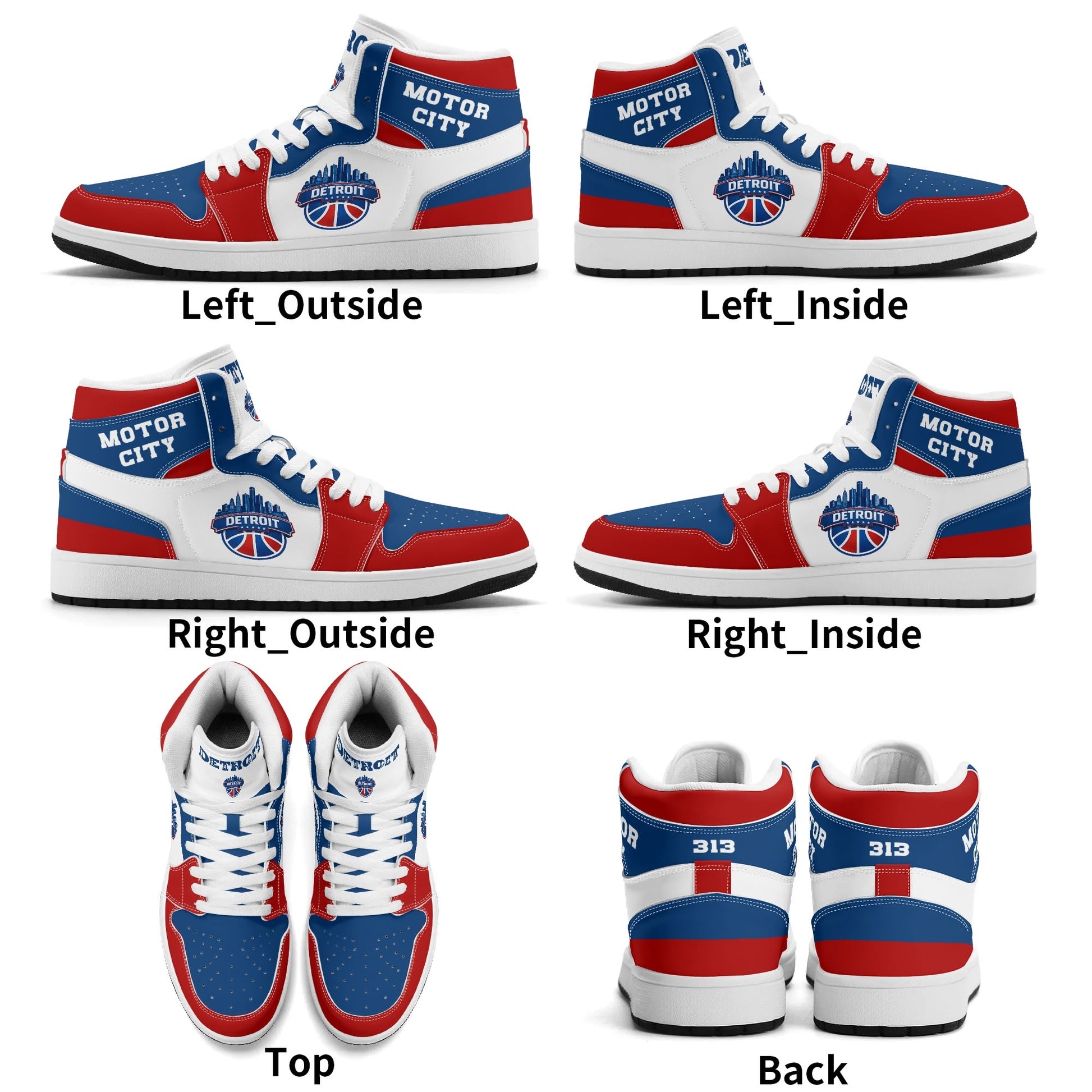 Detroit basketball-inspired high top sneakers in white with all-over city graphic printed upper
