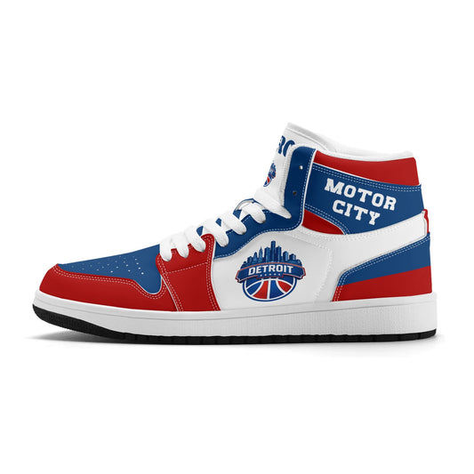 Detroit basketball-inspired high top sneakers in white with all-over city graphic printed upper