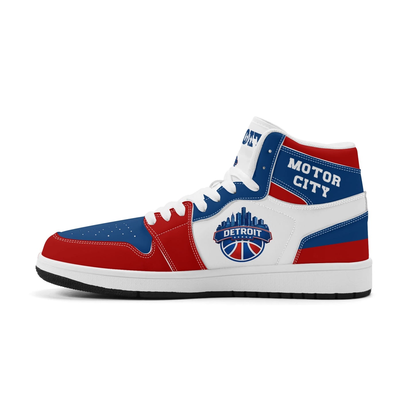 Detroit basketball-inspired high top sneakers in white with all-over city graphic printed upper