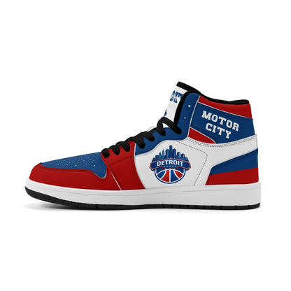 Detroit basketball-inspired high top sneakers in white with all-over city graphic printed upper