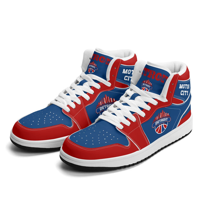 Detroit basketball Jamrock High top sneakers in royal blue and red with MOTOR CITY collar and DETROIT skyline badge