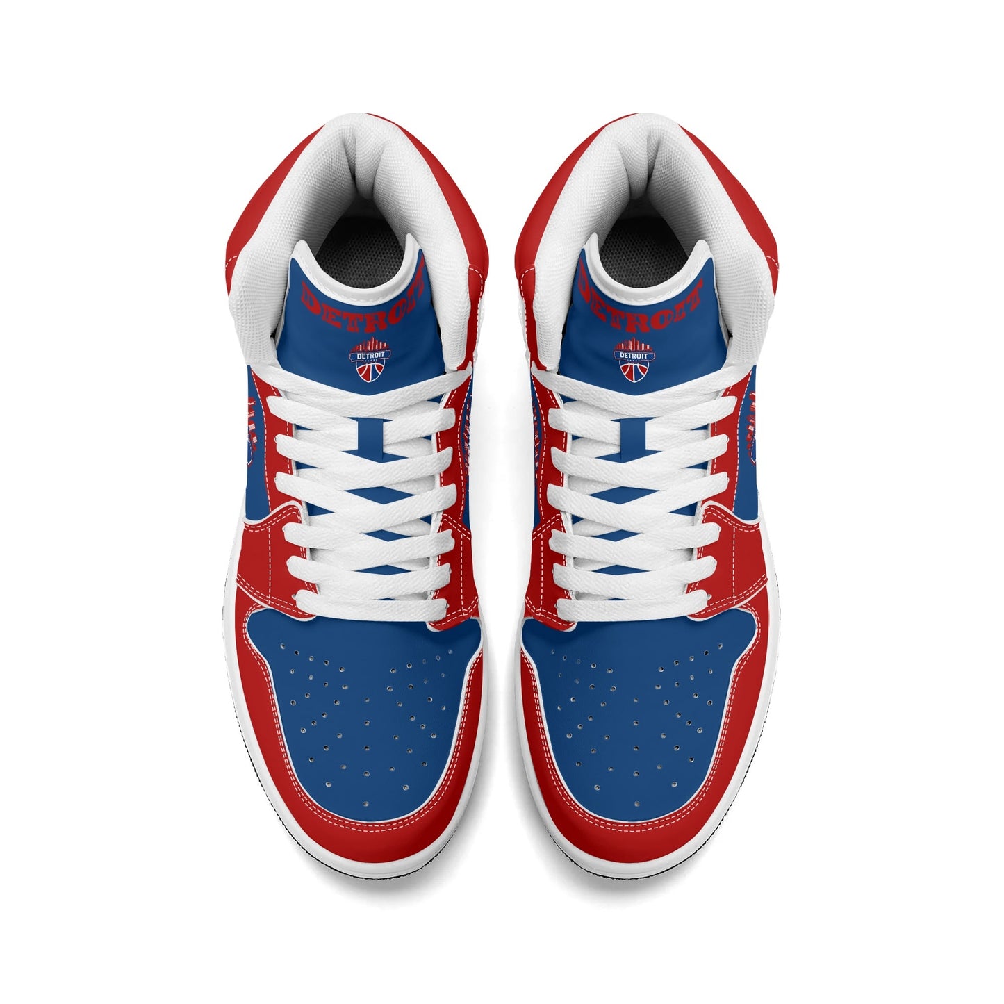 Detroit basketball-inspired high top sneakers in blue with all-over city graphic printed upper