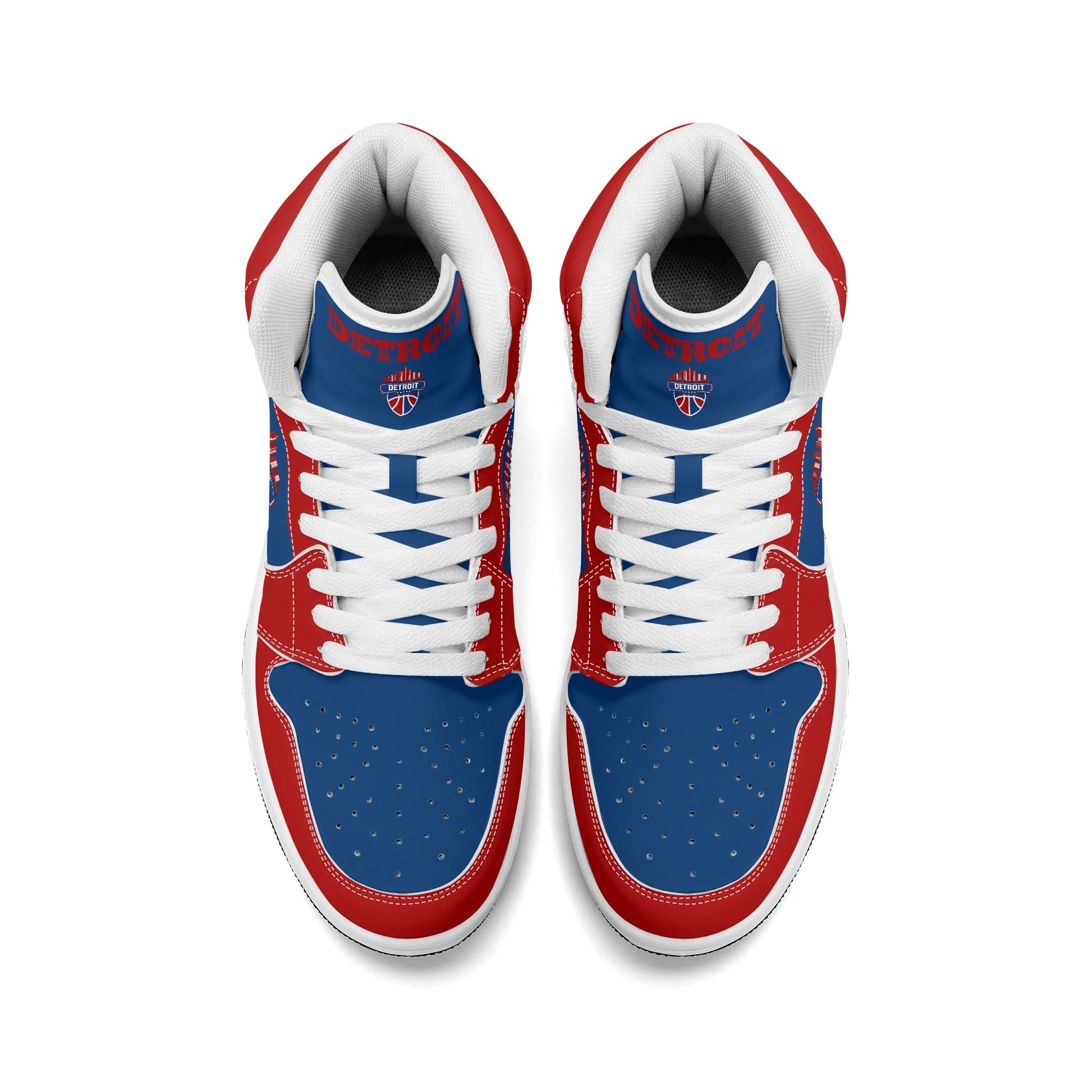 Detroit basketball-inspired high top sneakers in blue with all-over city graphic printed upper