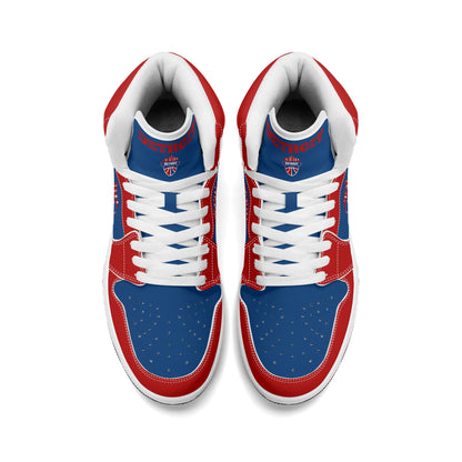 Detroit basketball-inspired high top sneakers in blue with all-over city graphic printed upper