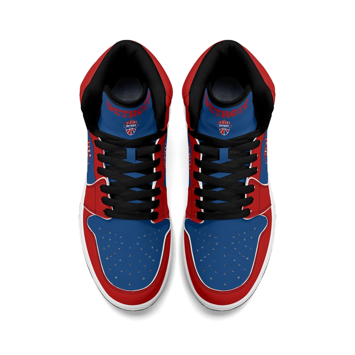 Detroit basketball-inspired high top sneakers in blue with all-over city graphic printed upper