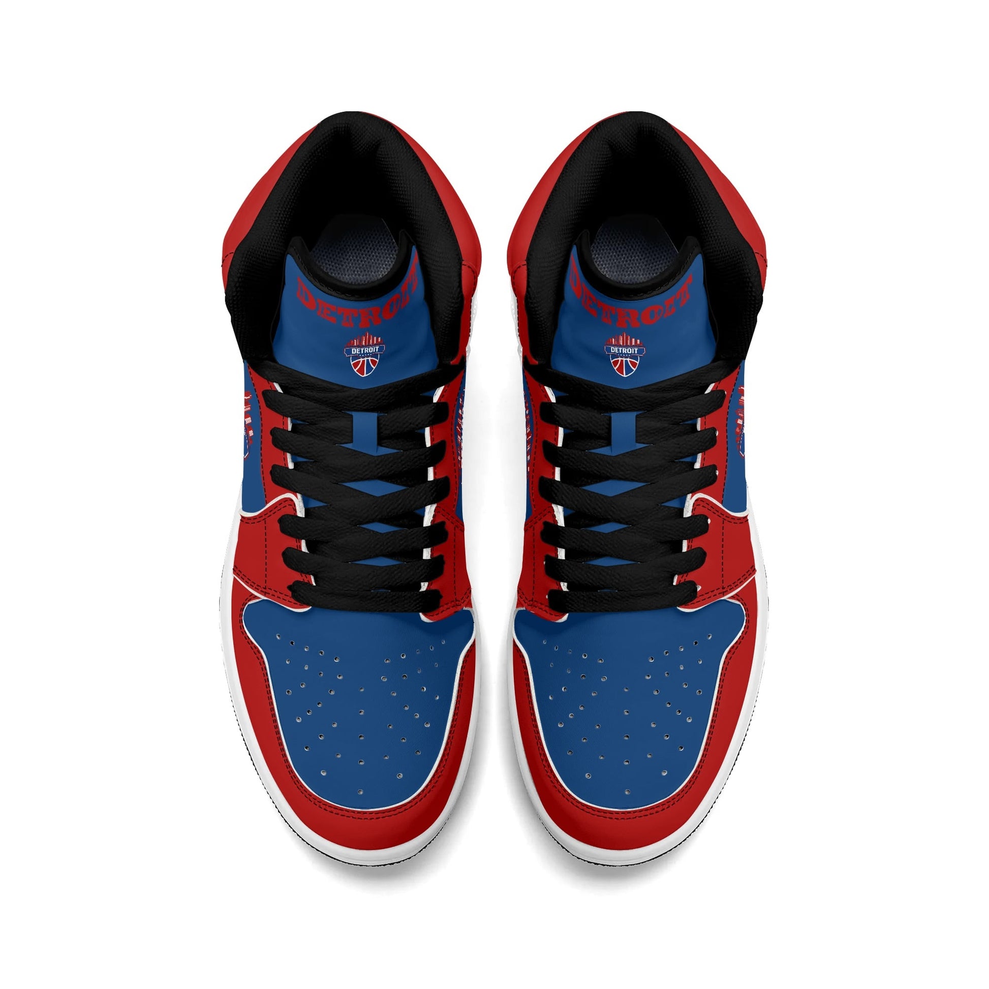 Detroit basketball-inspired high top sneakers in blue with all-over city graphic printed upper