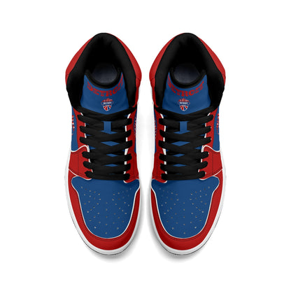 Detroit basketball-inspired high top sneakers in blue with all-over city graphic printed upper