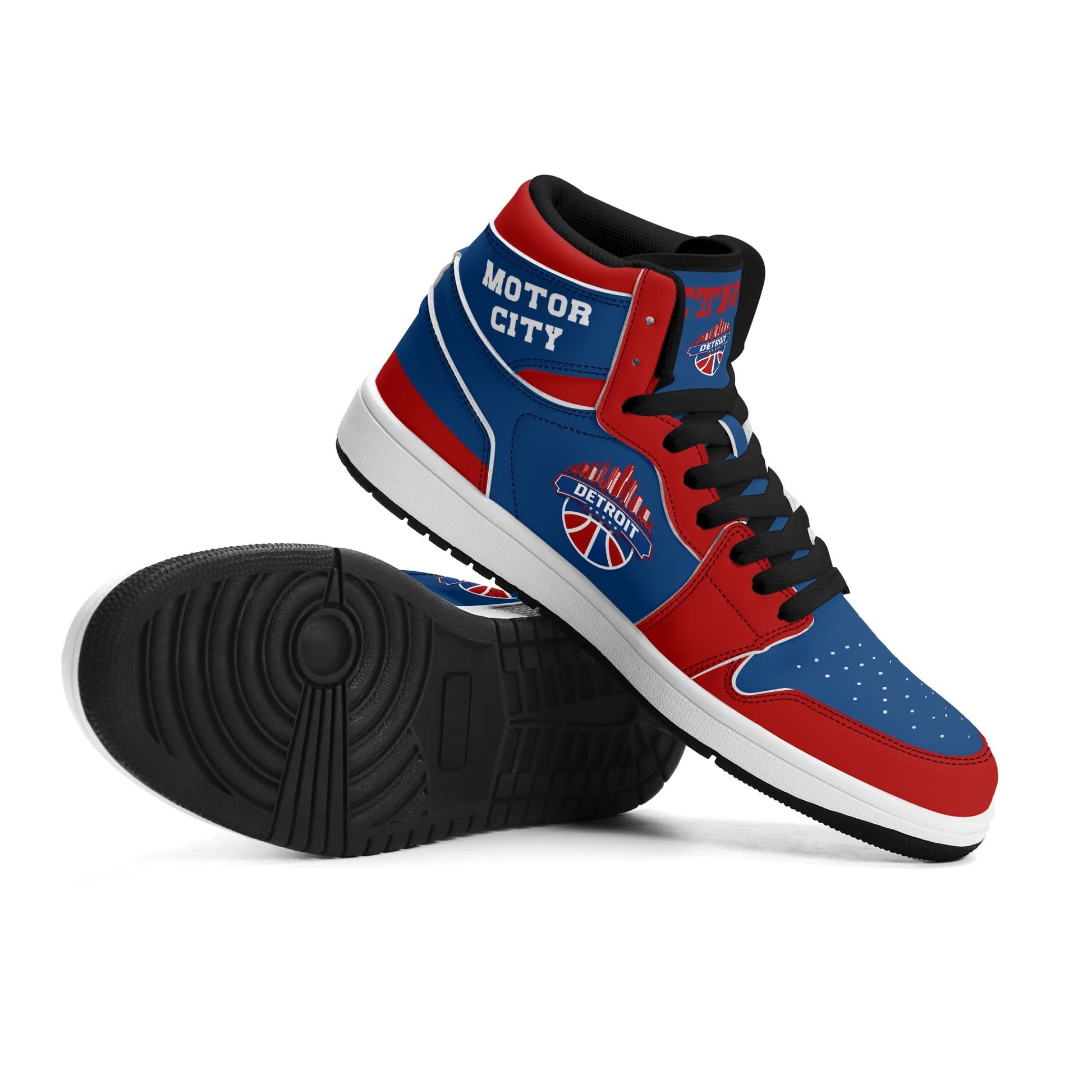 Detroit basketball-inspired high top sneakers in blue with all-over city graphic printed upper