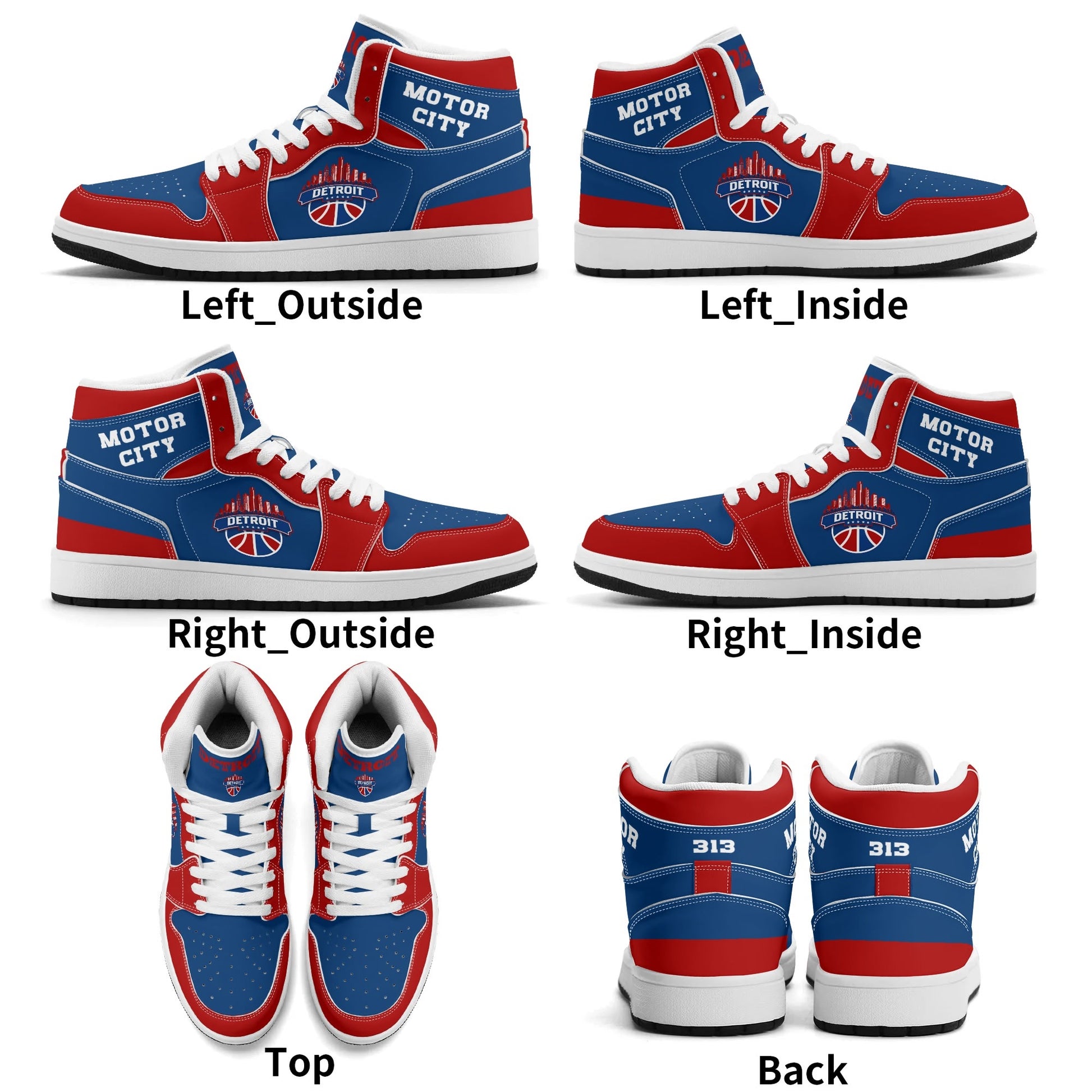 Detroit basketball-inspired high top sneakers in blue with all-over city graphic printed upper
