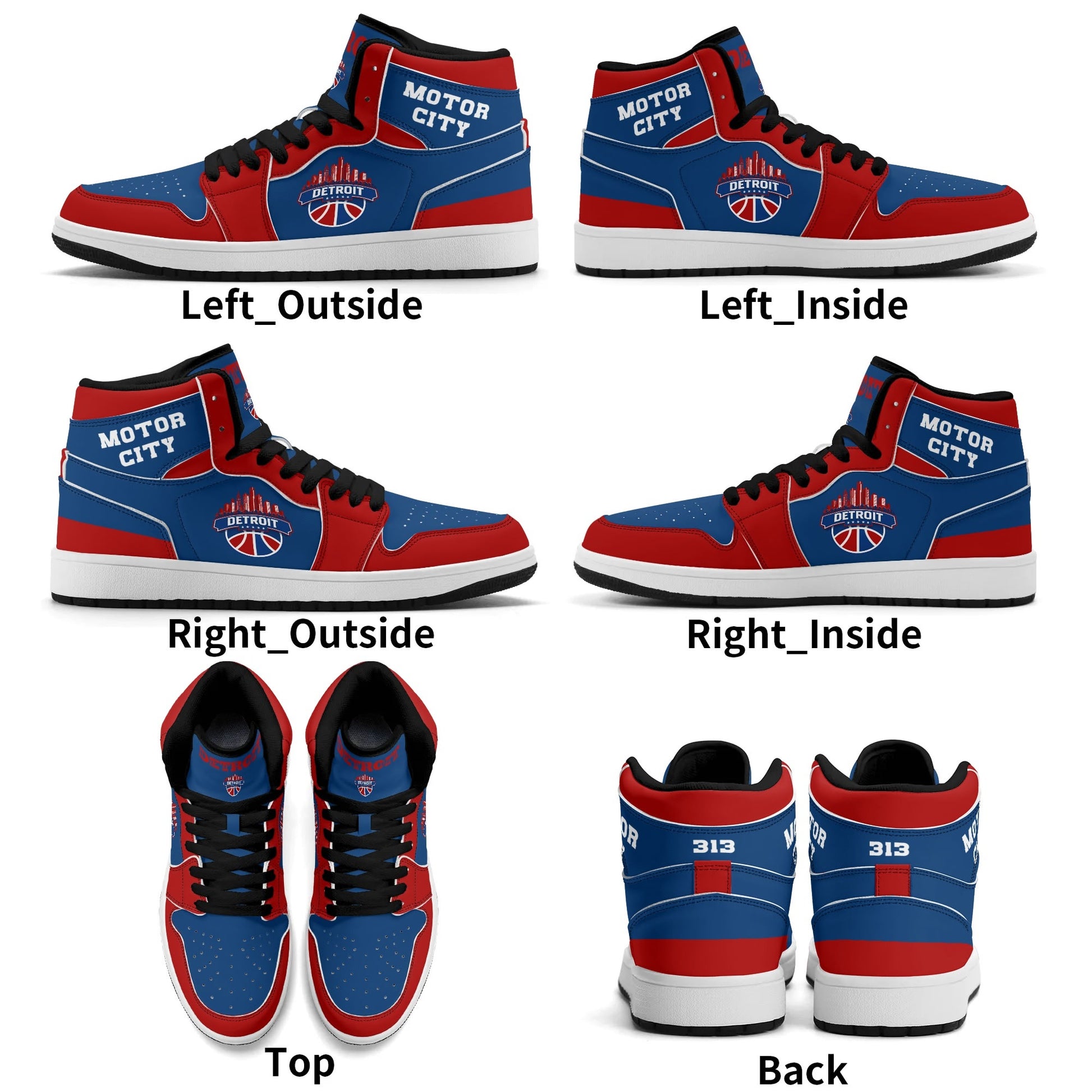 Detroit basketball-inspired high top sneakers in blue with all-over city graphic printed upper