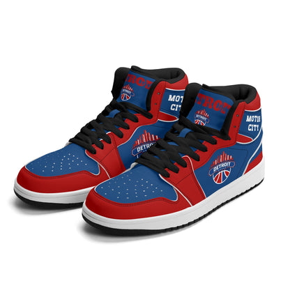 Detroit basketball-inspired high top sneakers in blue with all-over city graphic printed upper