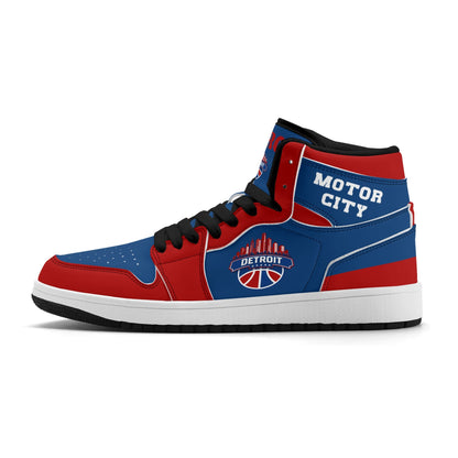 Detroit basketball-inspired high top sneakers in blue with all-over city graphic printed upper