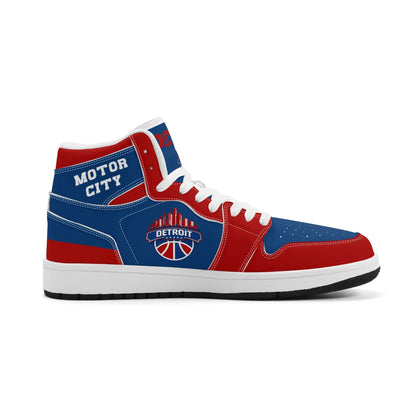 Detroit basketball-inspired high top sneakers in blue with all-over city graphic printed upper