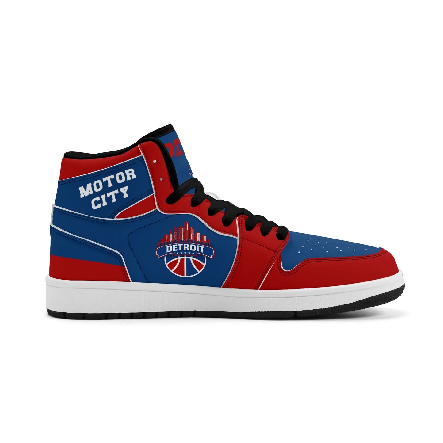 Detroit basketball-inspired high top sneakers in blue with all-over city graphic printed upper