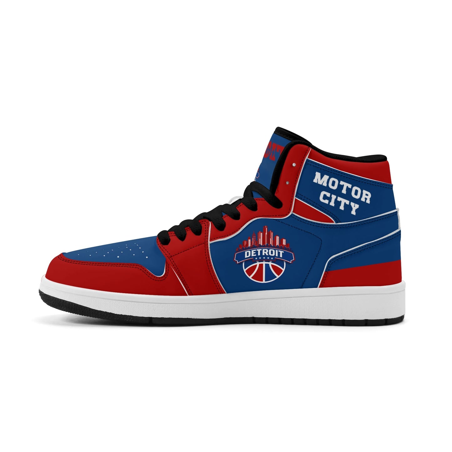 Detroit basketball-inspired high top sneakers in blue with all-over city graphic printed upper