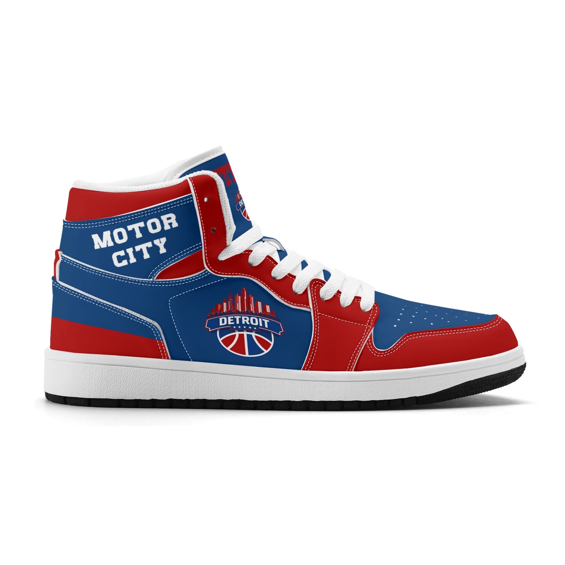 Detroit basketball-inspired high top sneakers in blue with all-over city graphic printed upper