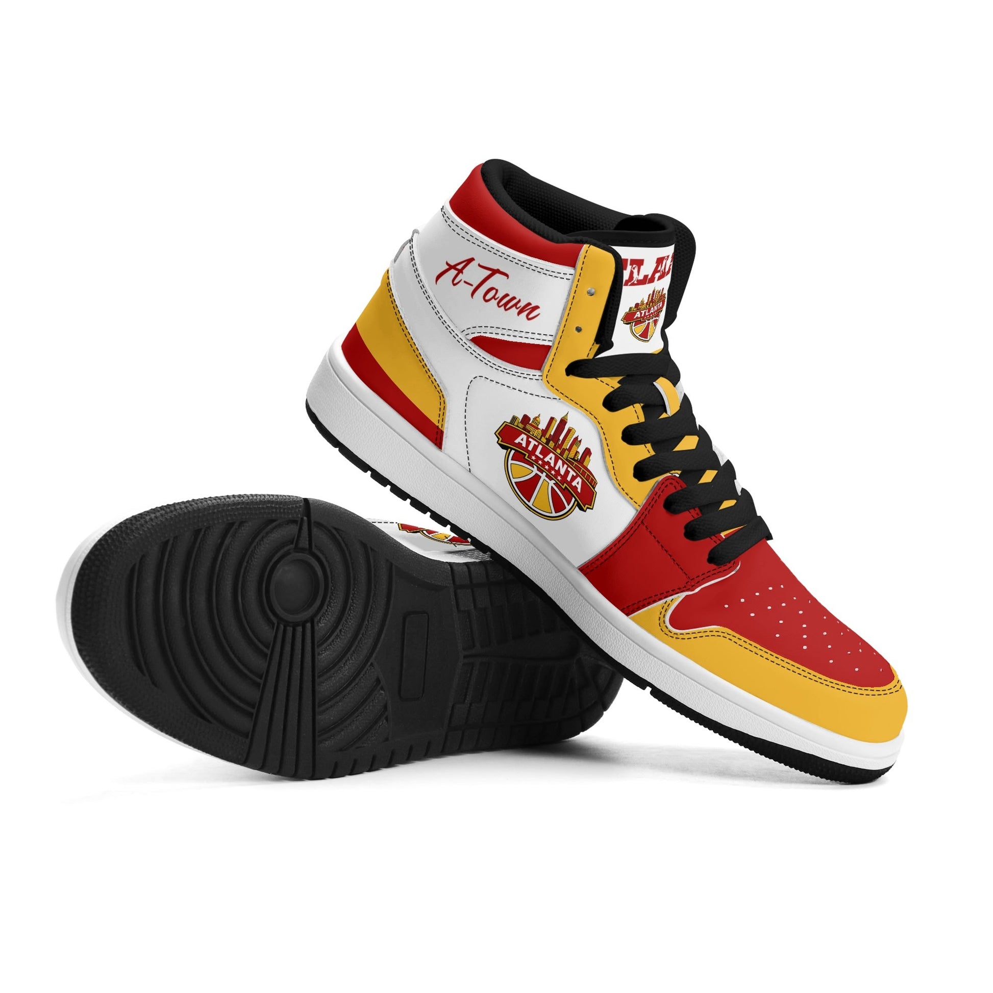 Atlanta basketball-inspired high top sneakers in white with all-over city graphic printed upper