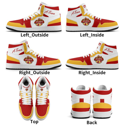 Atlanta basketball-inspired high top sneakers in white with all-over city graphic printed upper