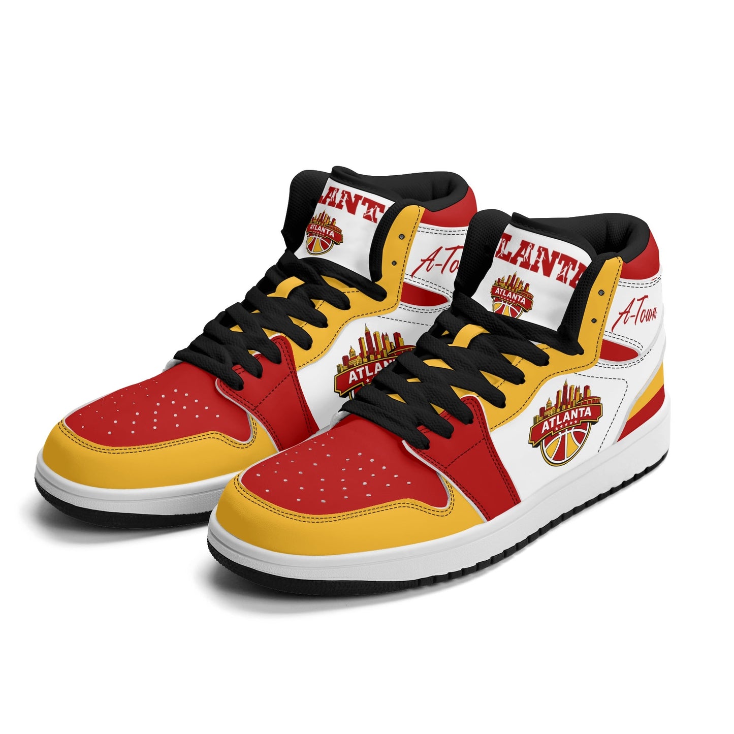 Atlanta basketball-inspired high top sneakers in white with all-over city graphic printed upper