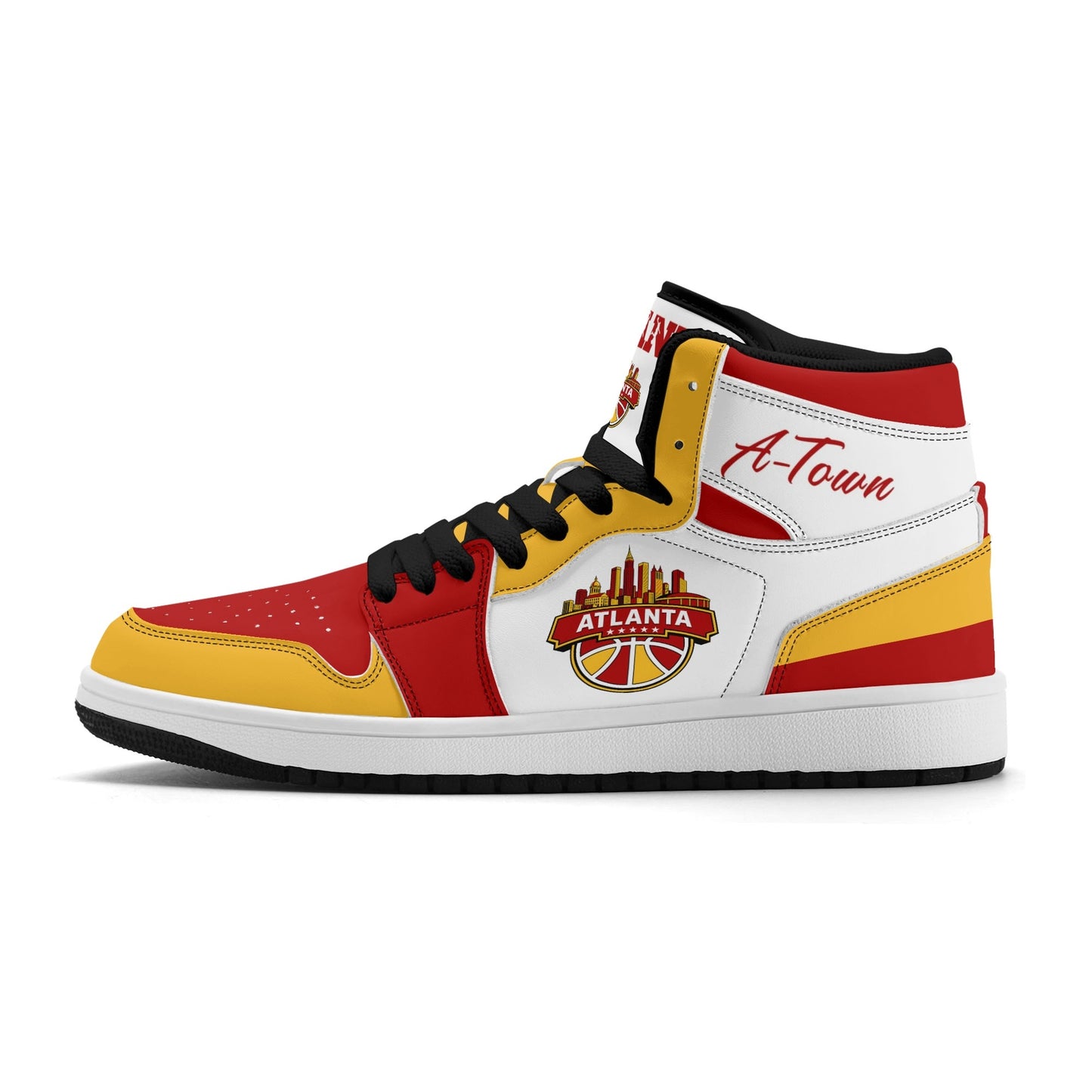 Atlanta basketball-inspired high top sneakers in white with all-over city graphic printed upper