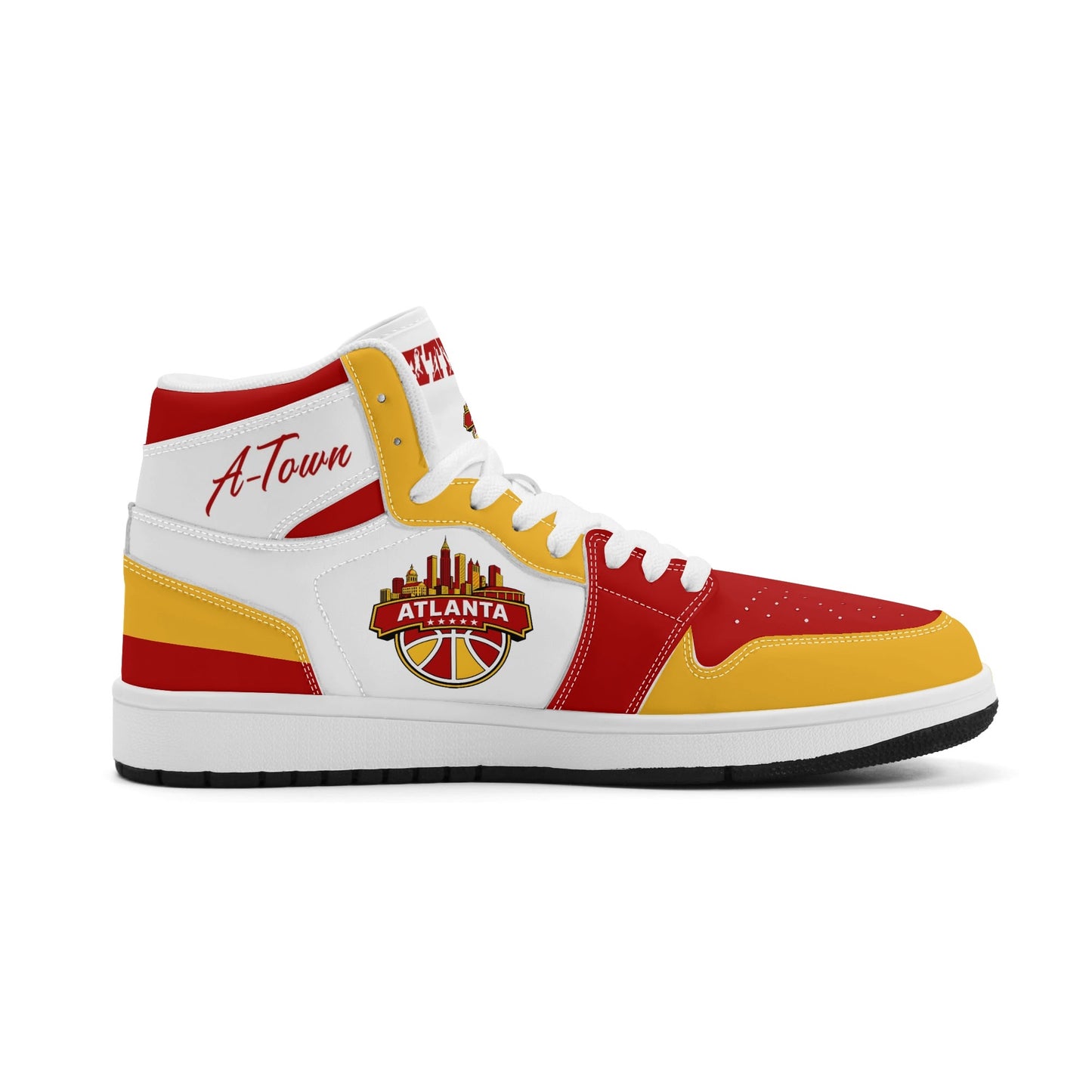 Atlanta basketball-inspired high top sneakers in white with all-over city graphic printed upper