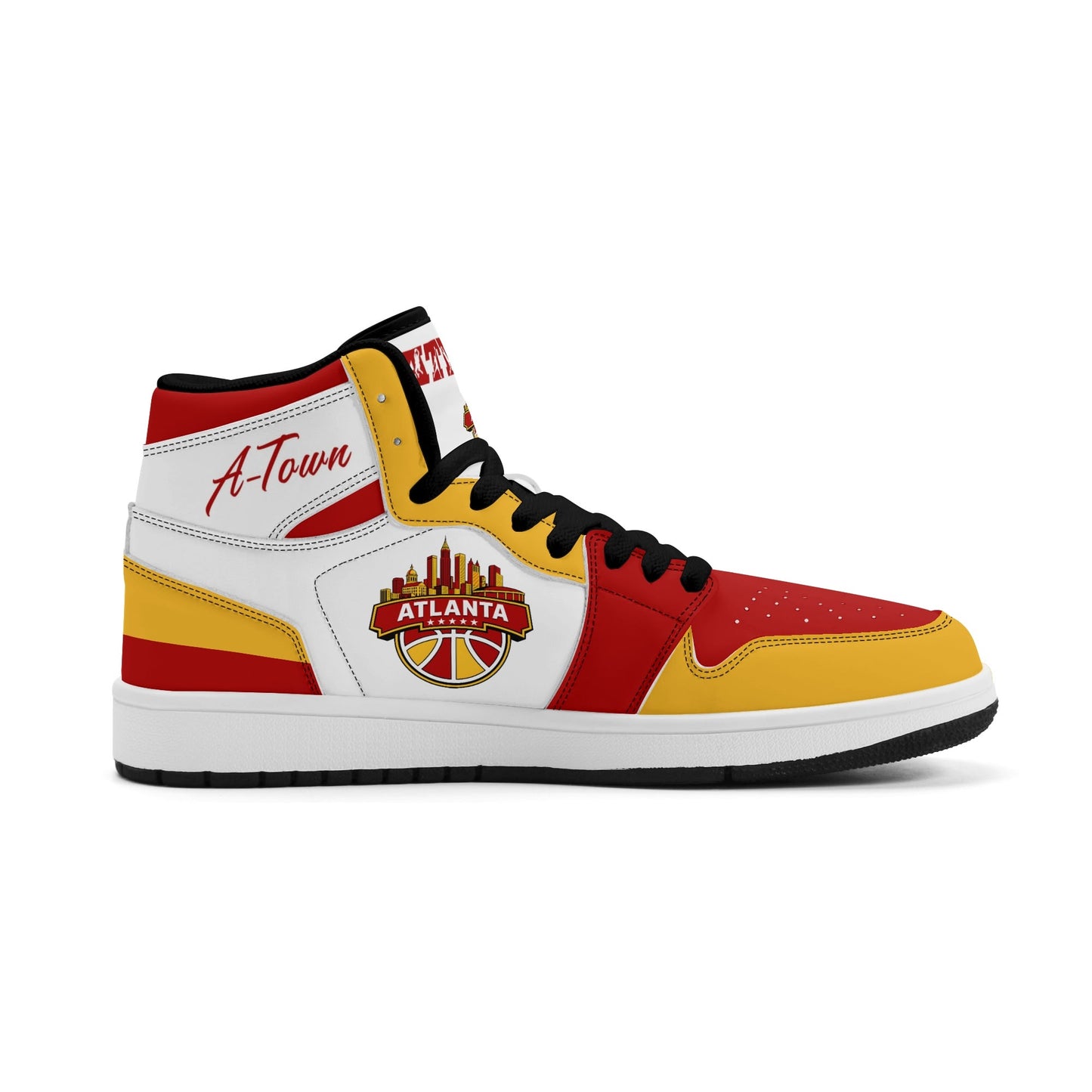 Atlanta basketball-inspired high top sneakers in white with all-over city graphic printed upper