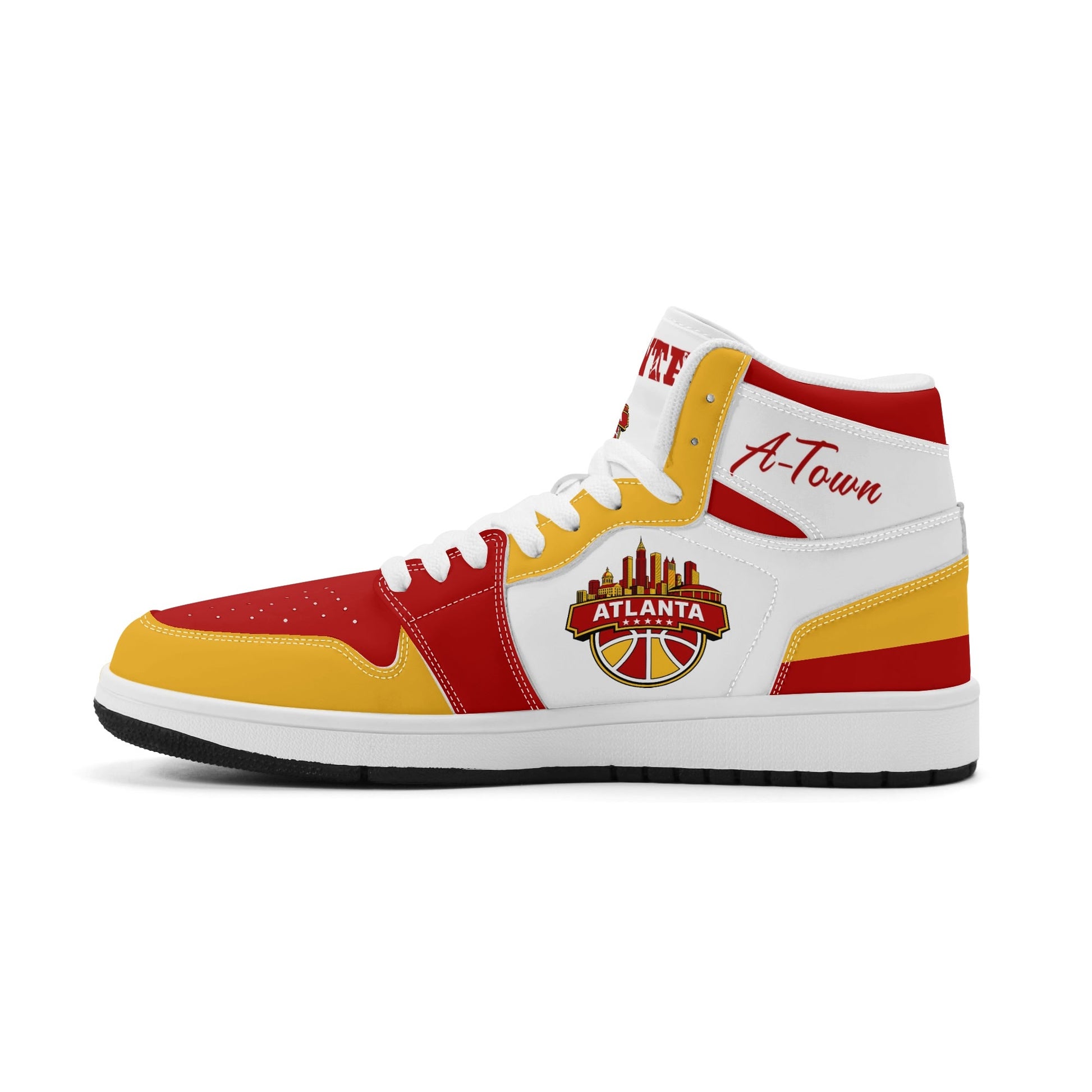Atlanta basketball-inspired high top sneakers in white with all-over city graphic printed upper