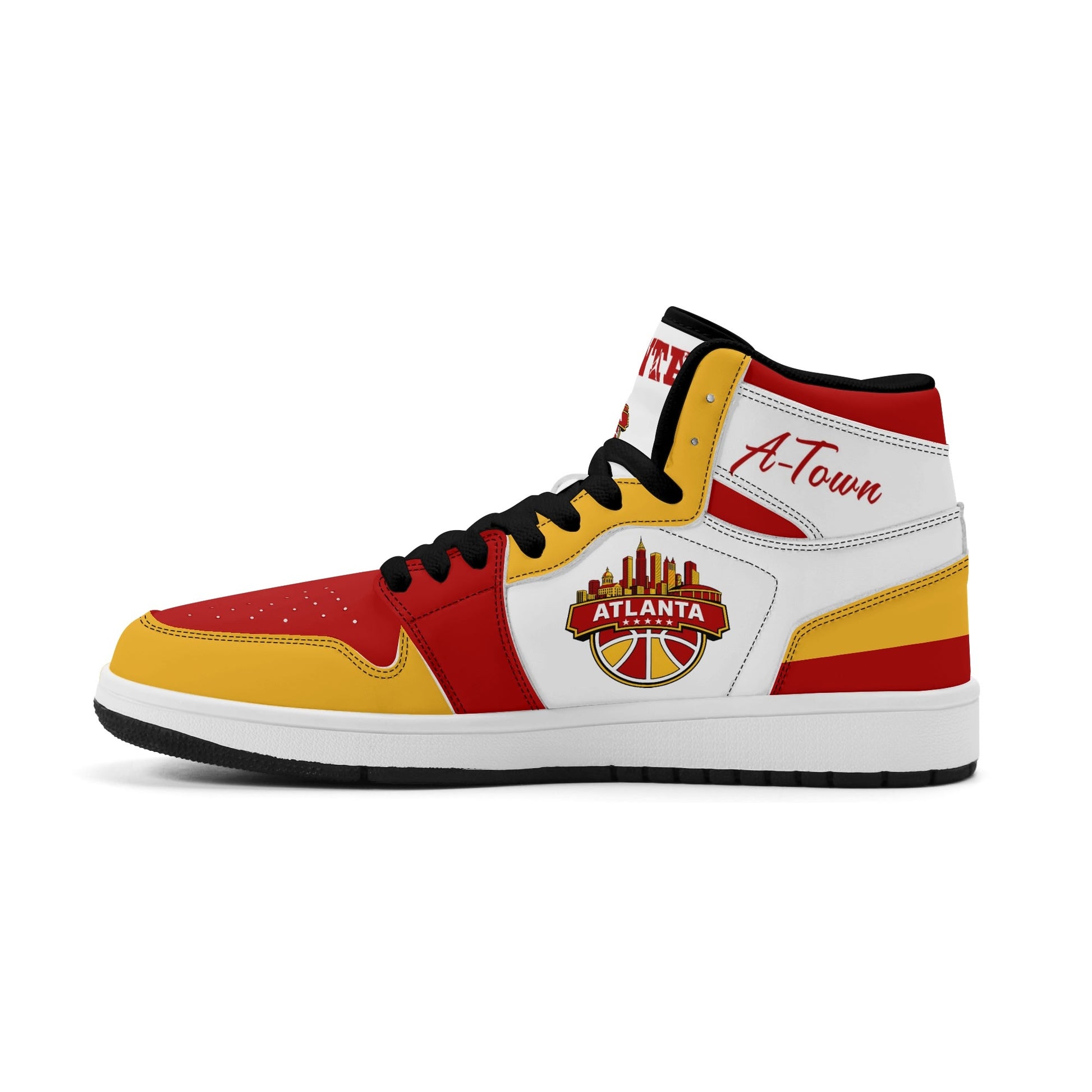 Atlanta basketball-inspired high top sneakers in white with all-over city graphic printed upper