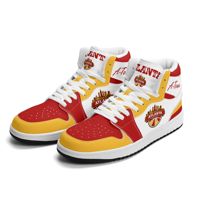 Atlanta basketball Jamrock High top sneakers in white, red and gold with A-Town script collar and ATLANTA skyline badge